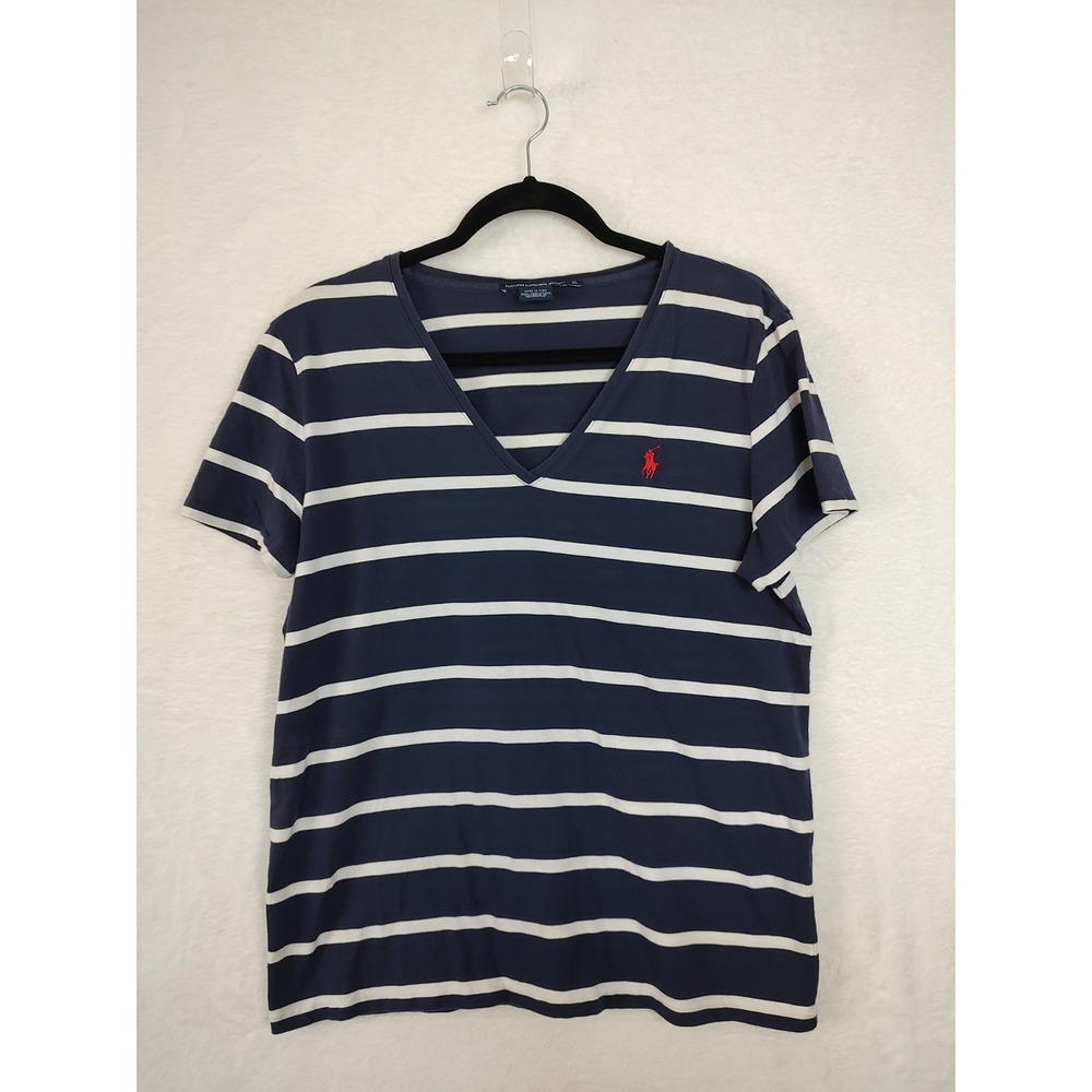 Ralph Lauren Sport Striped V-Neck T-Shirt Casual Top Red Logo XL